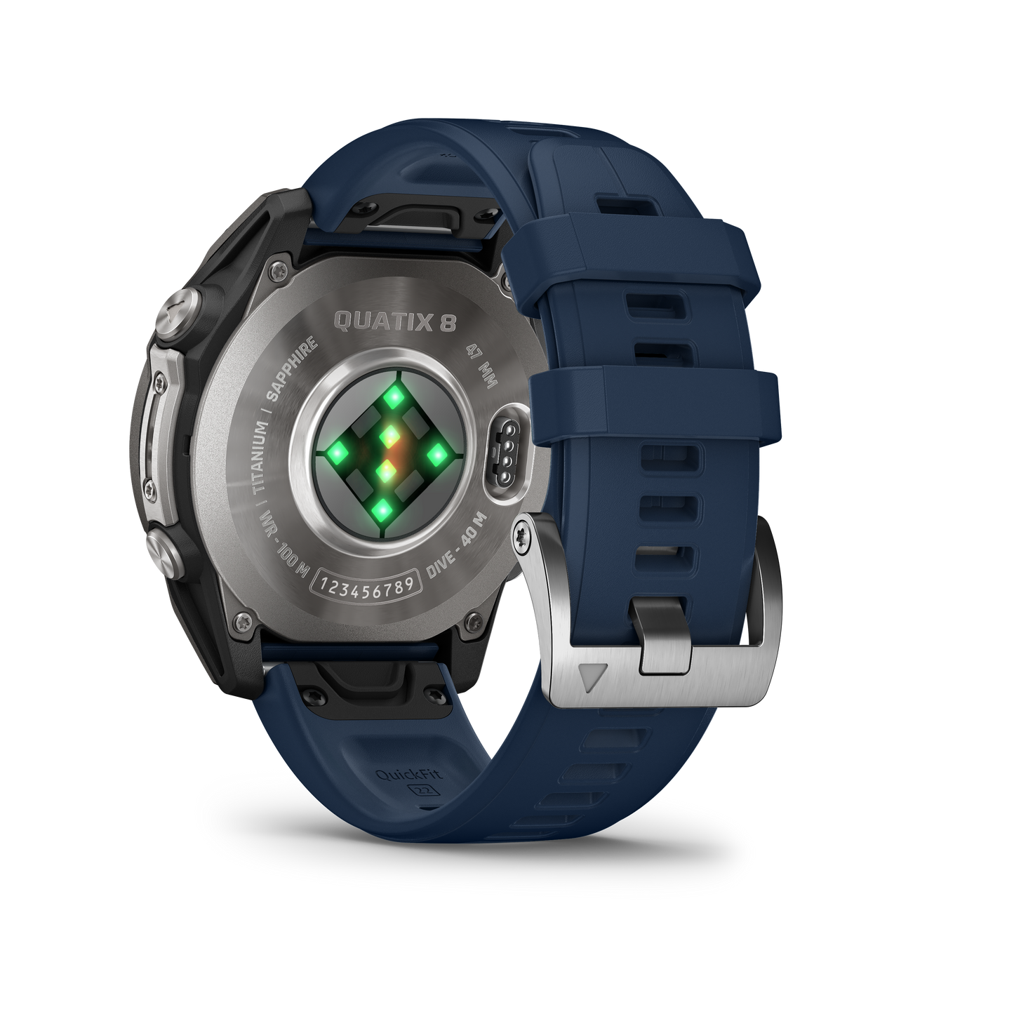 Garmin Quatix 8 marine smartwatch with blue band; back view shows sensor array and green LEDs.