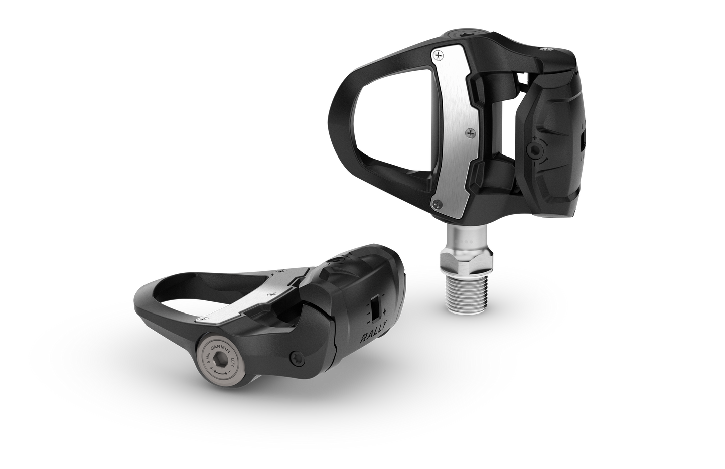 Garmin Rally RK110 single-sensing power meter on black crankset with silver mounting plate