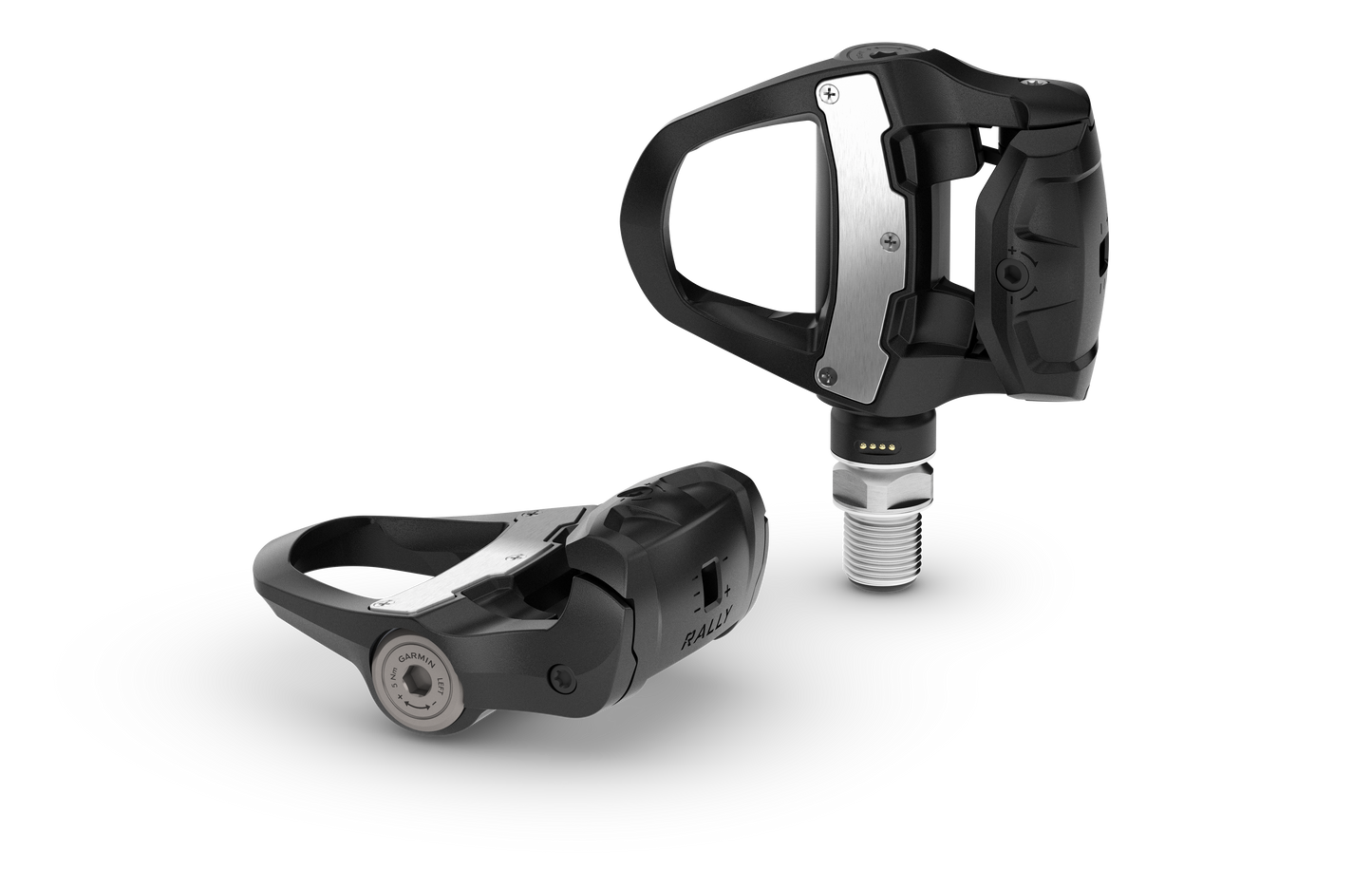 Pair of Garmin Rally RK210 dual-sensing power meter pedals, black with silver mounting plates