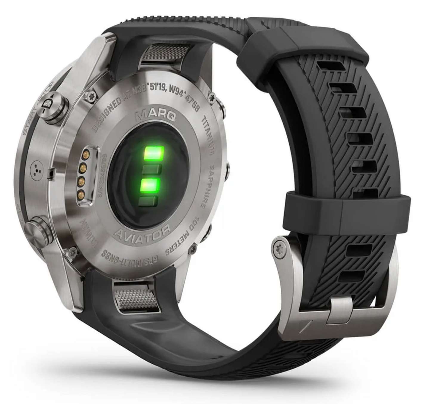 Garmin Marq Aviator Performance Edition watch back view with black silicone strap