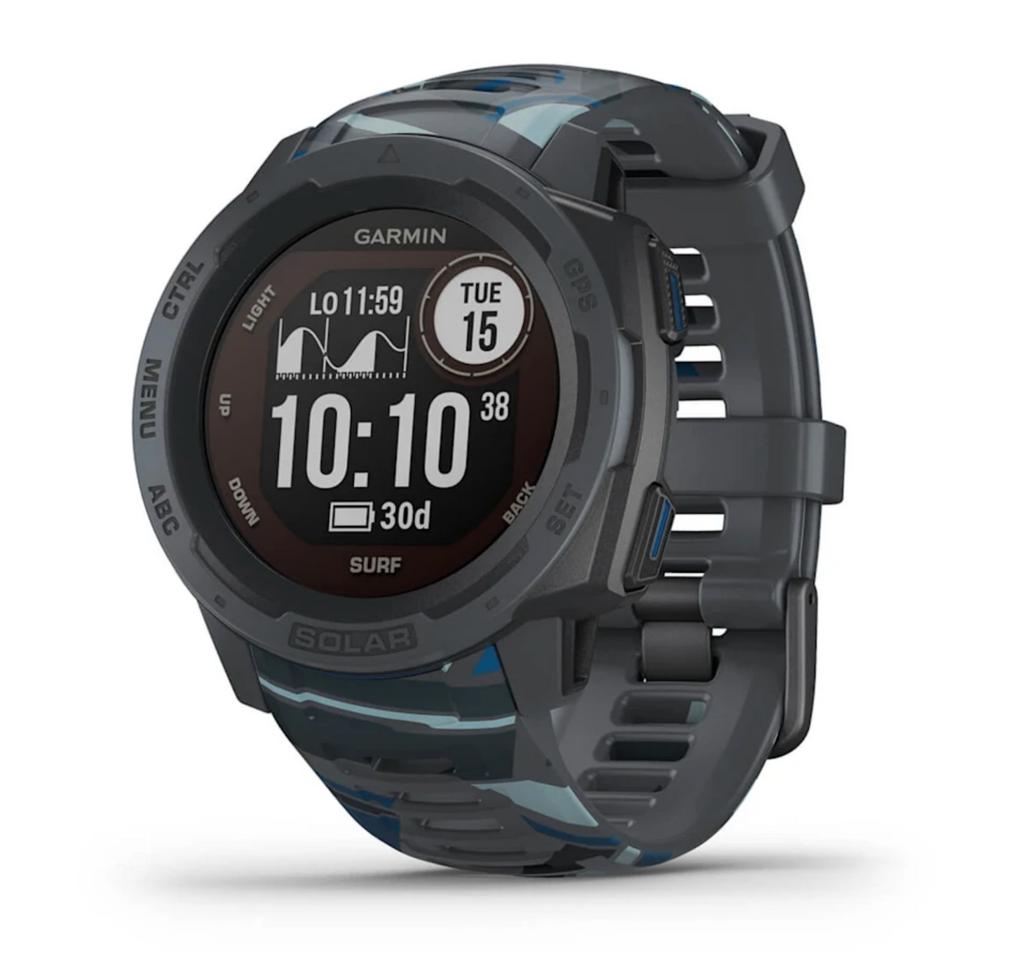 Garmin Instinct Solar Surf smartwatch, rugged GPS, certified refurbished dark gray with blue accents