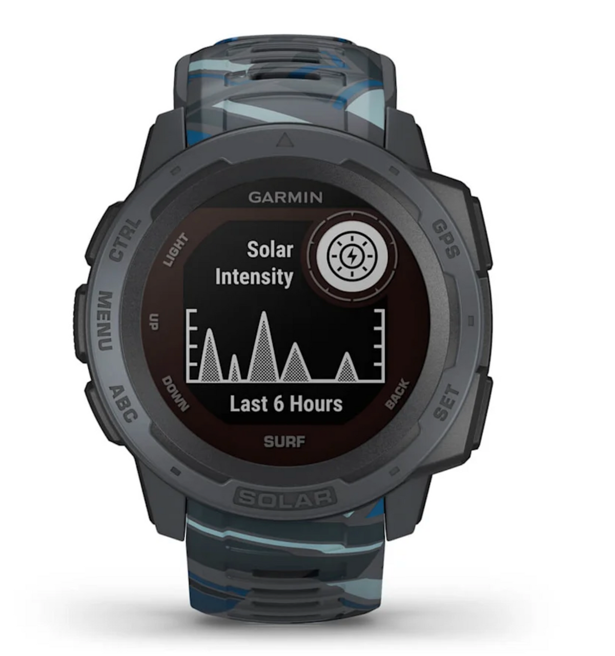 Garmin Instinct Solar Surf rugged GPS smartwatch, certified refurbished, with gray camo strap