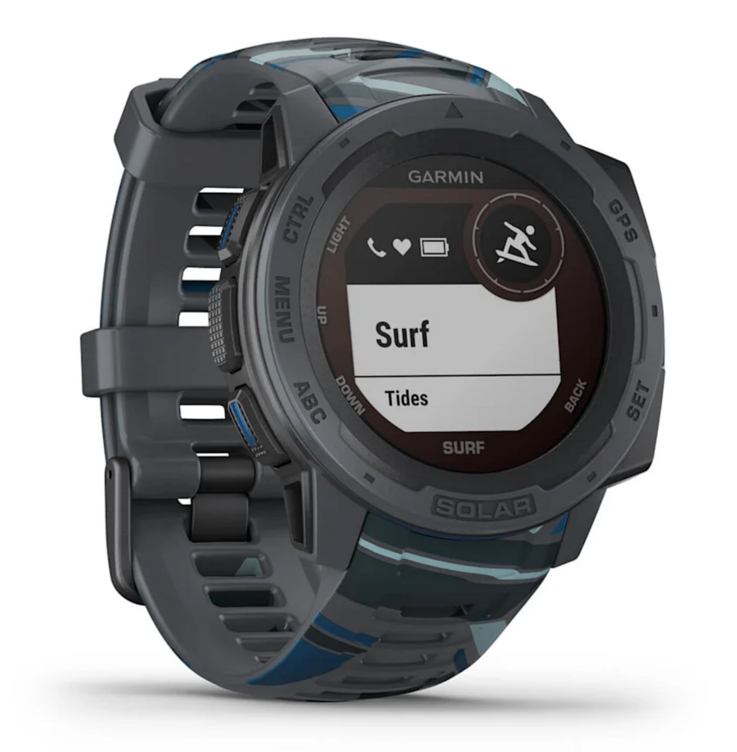 Garmin Instinct Solar Surf GPS smartwatch, rugged gray with blue accents, certified refurbished