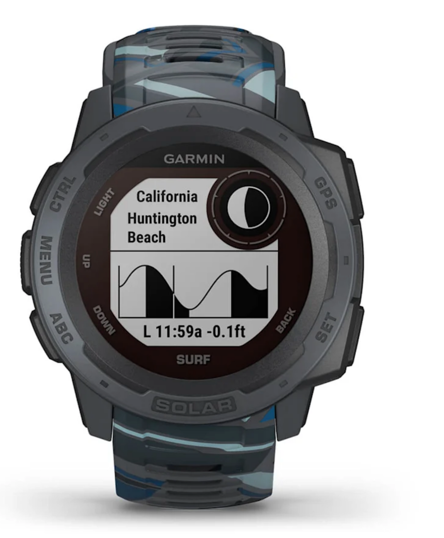 Garmin Instinct Solar Surf smartwatch with camo-pattern band, rugged GPS, certified refurbished