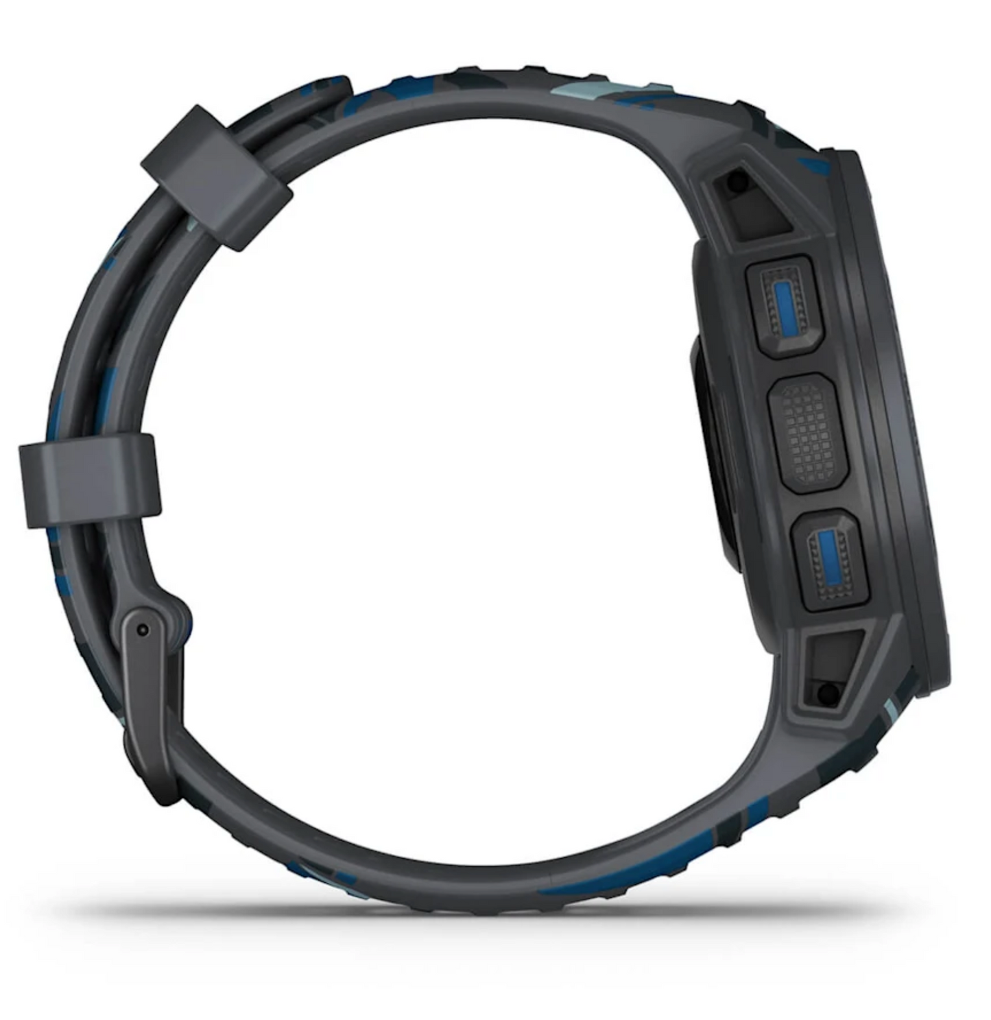 Garmin Instinct Solar Surf rugged GPS smartwatch with a dark gray band and blue accents
