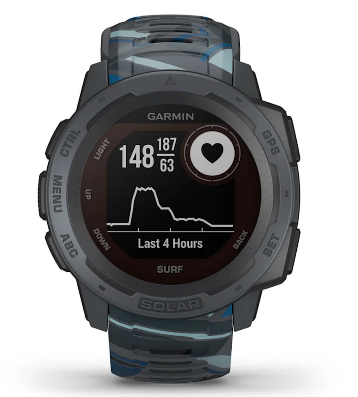 Garmin Instinct Solar Surf rugged GPS smartwatch with blue-gray camo band (Certified Refurbished)