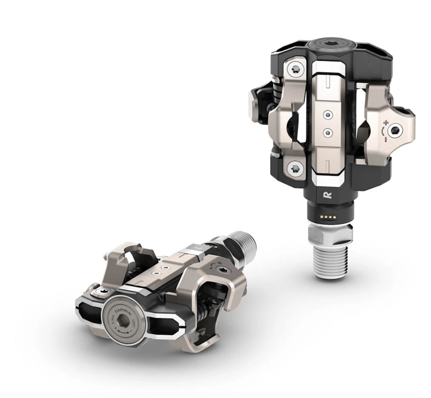 Garmin Rally RK/XC210 Dual-Sensing Power Meter Bundle with black-and-silver pedal system.
