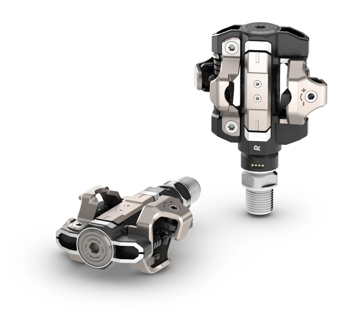 Garmin Rally RS/XC210 Dual-Sensing Power Meter Bundle components; silver and black crank-based sensors