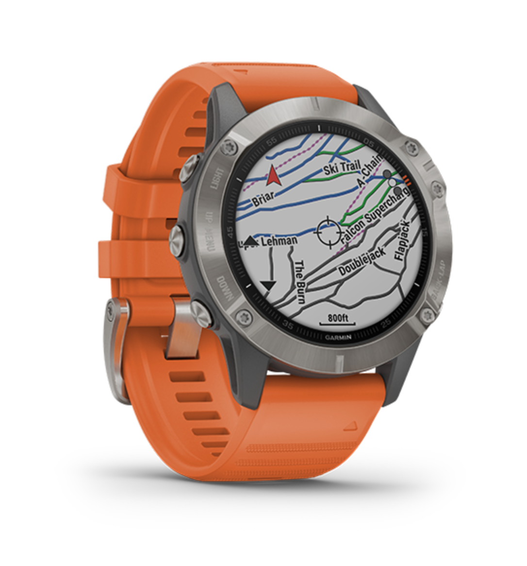 Garmin Fenix 6X Pro Solar smartwatch with orange band, titanium case, sapphire glass