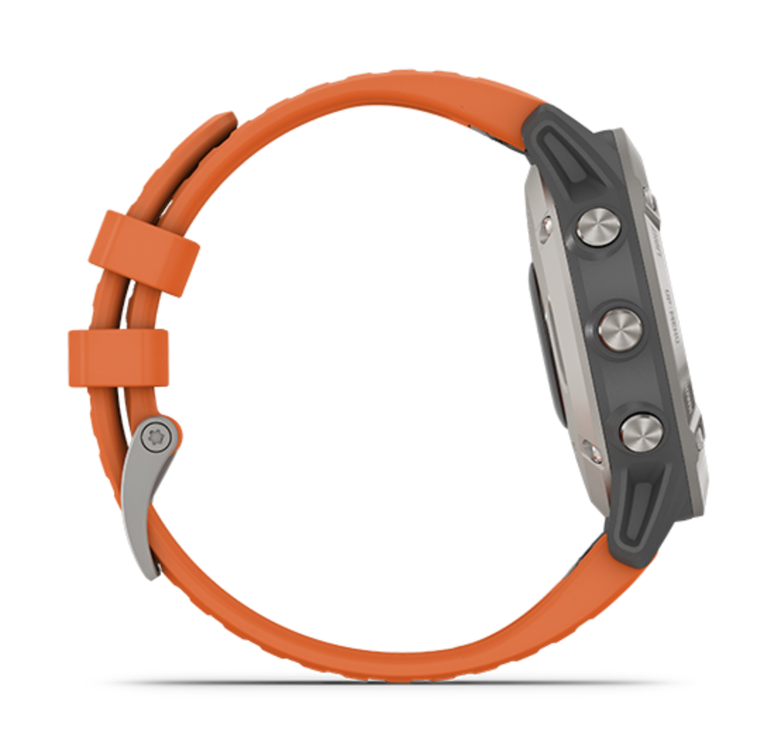 Garmin Fenix 6X Pro Solar titanium smartwatch with orange band