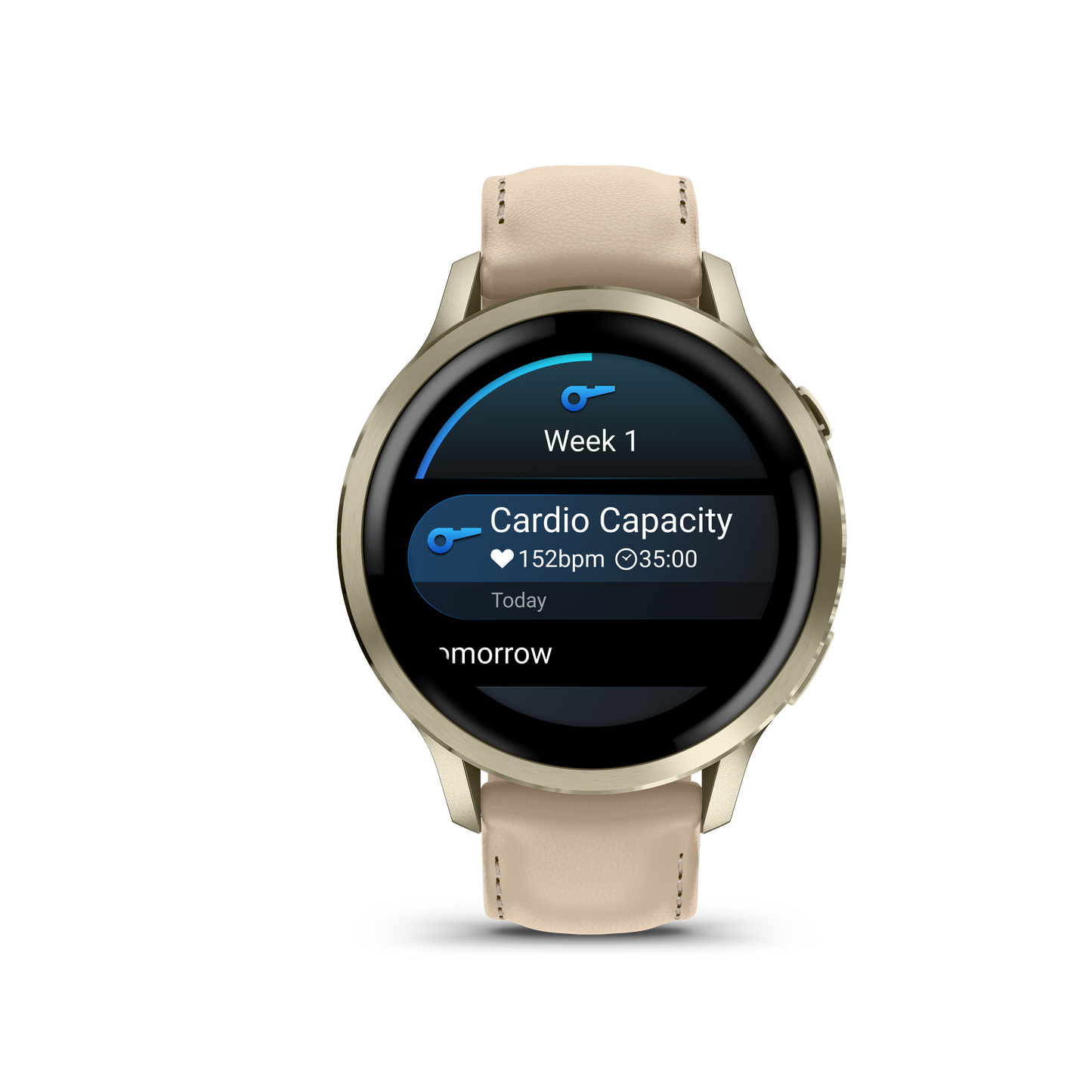 Garmin Venu 4 smartwatch, 41mm Lunar Gold case with bone silicone band and light sand leather band