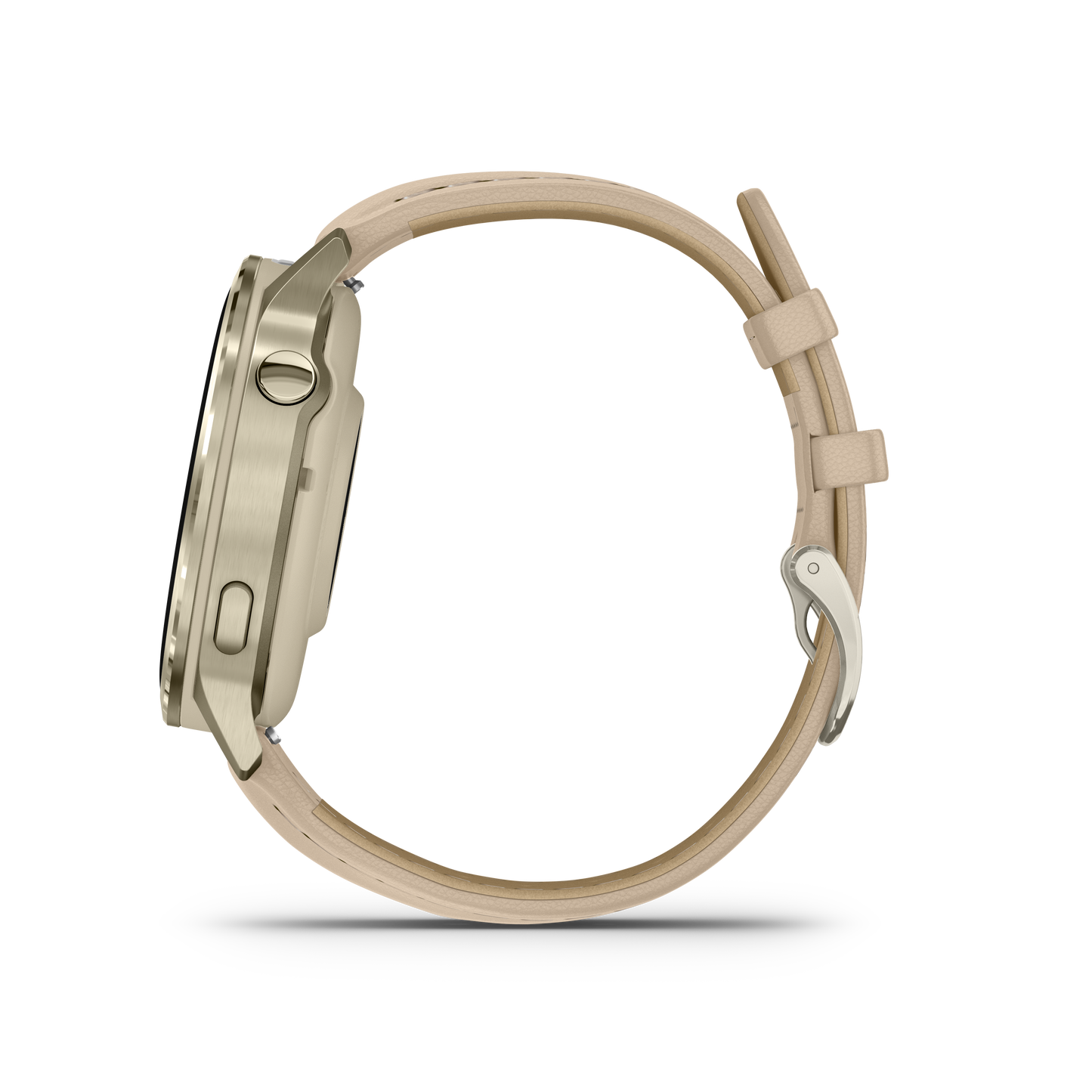 Garmin Venu 4 smartwatch with lunar gold case and two bands: bone silicone and light sand leather