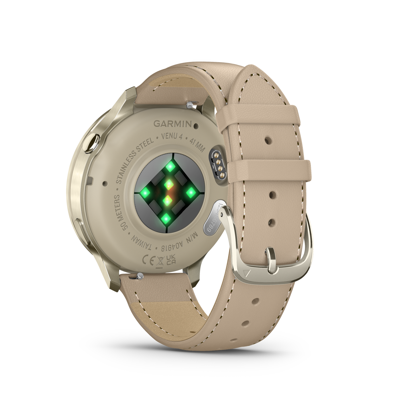 Garmin Venu 4 smartwatch, 41mm Lunar Gold with bone silicone and light sand leather bands