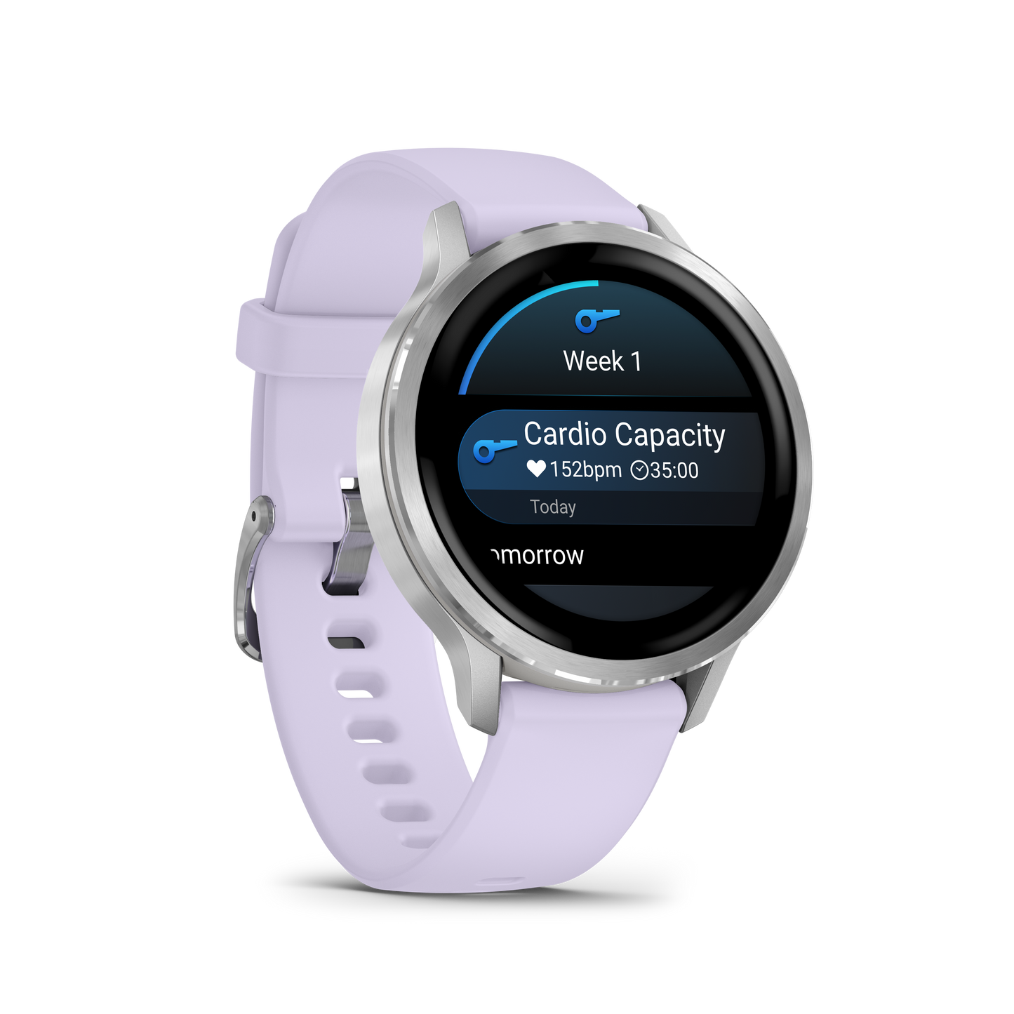 Garmin Venu 4 smartwatch, 41mm silver case with periwinkle silicone band, displays cardio capacity and weekly metrics.
