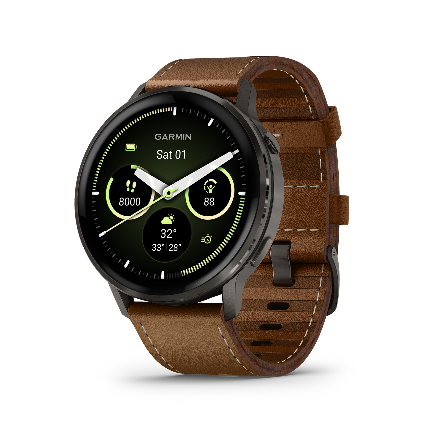 Garmin Venu 4 smartwatch with slate case and brown leather strap