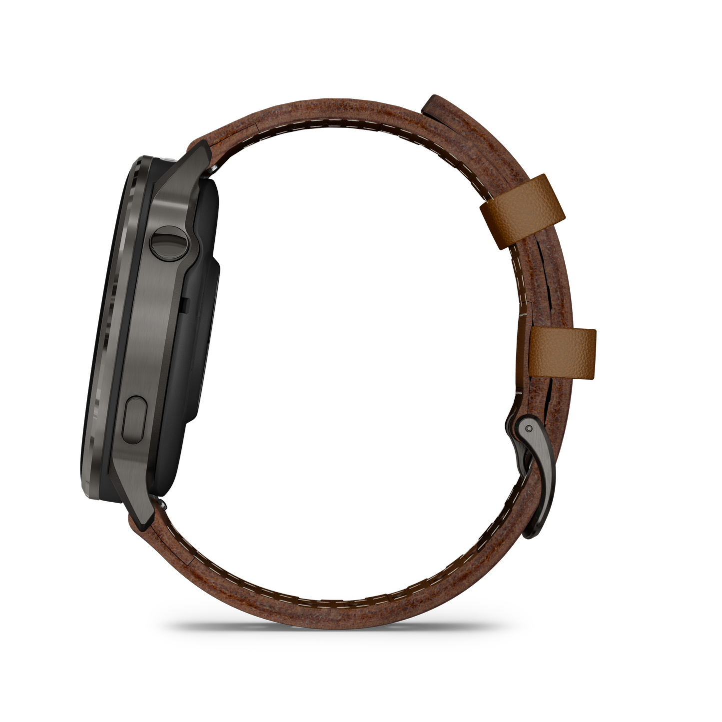 Garmin Venu 4 smartwatch, 45mm slate case, with black silicone band and brown leather strap.