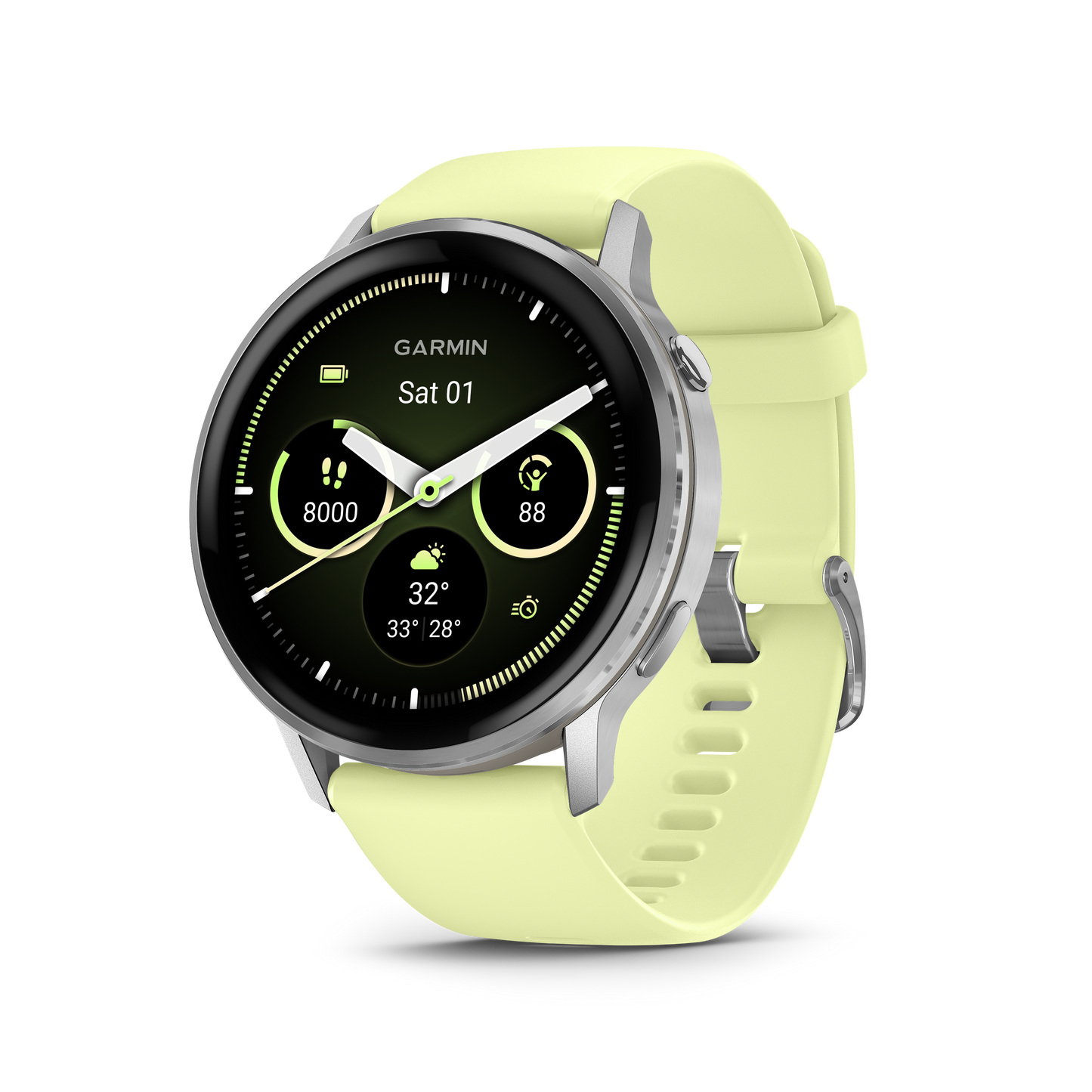 Garmin Venu 4 smartwatch, 45mm silver bezel with citron silicone band
