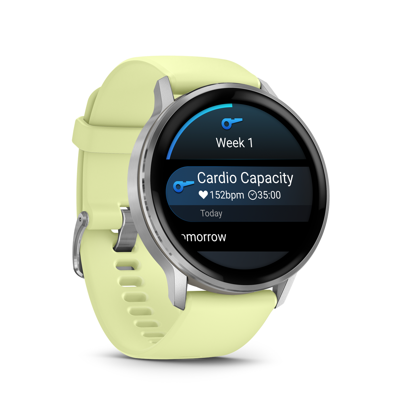 Garmin Venu 4 smartwatch, 45mm, silver case with citron silicone band
