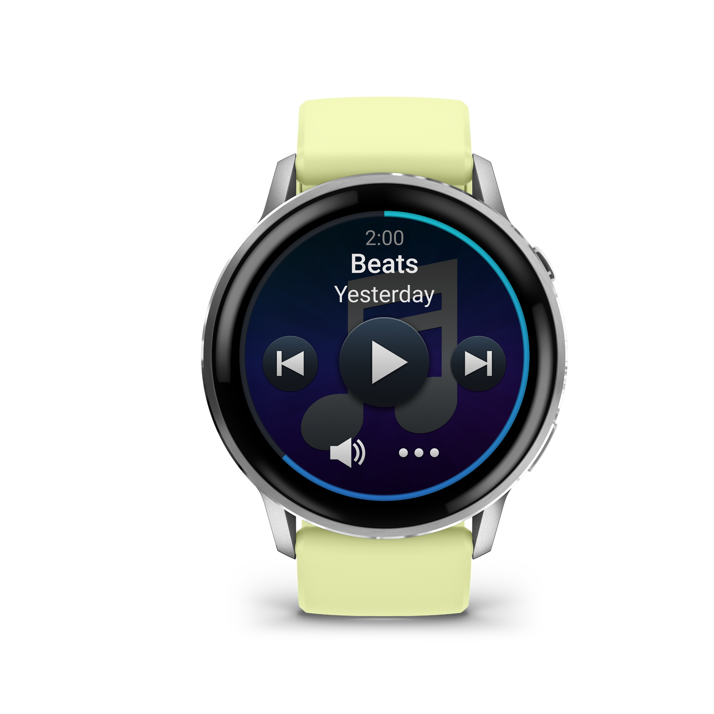 Garmin Venu 4 smartwatch with 45mm silver case and citron silicone band
