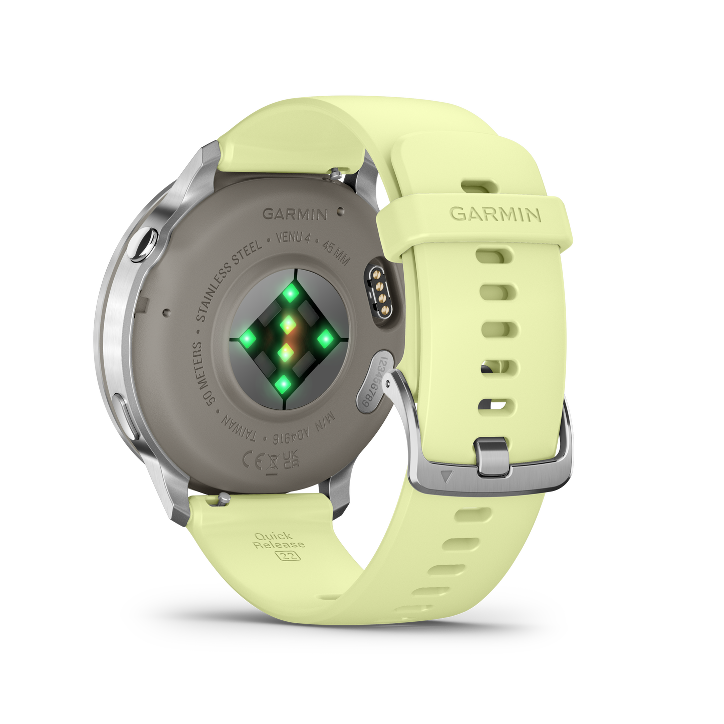 Garmin Venu 4 smartwatch with silver case and citron silicone band