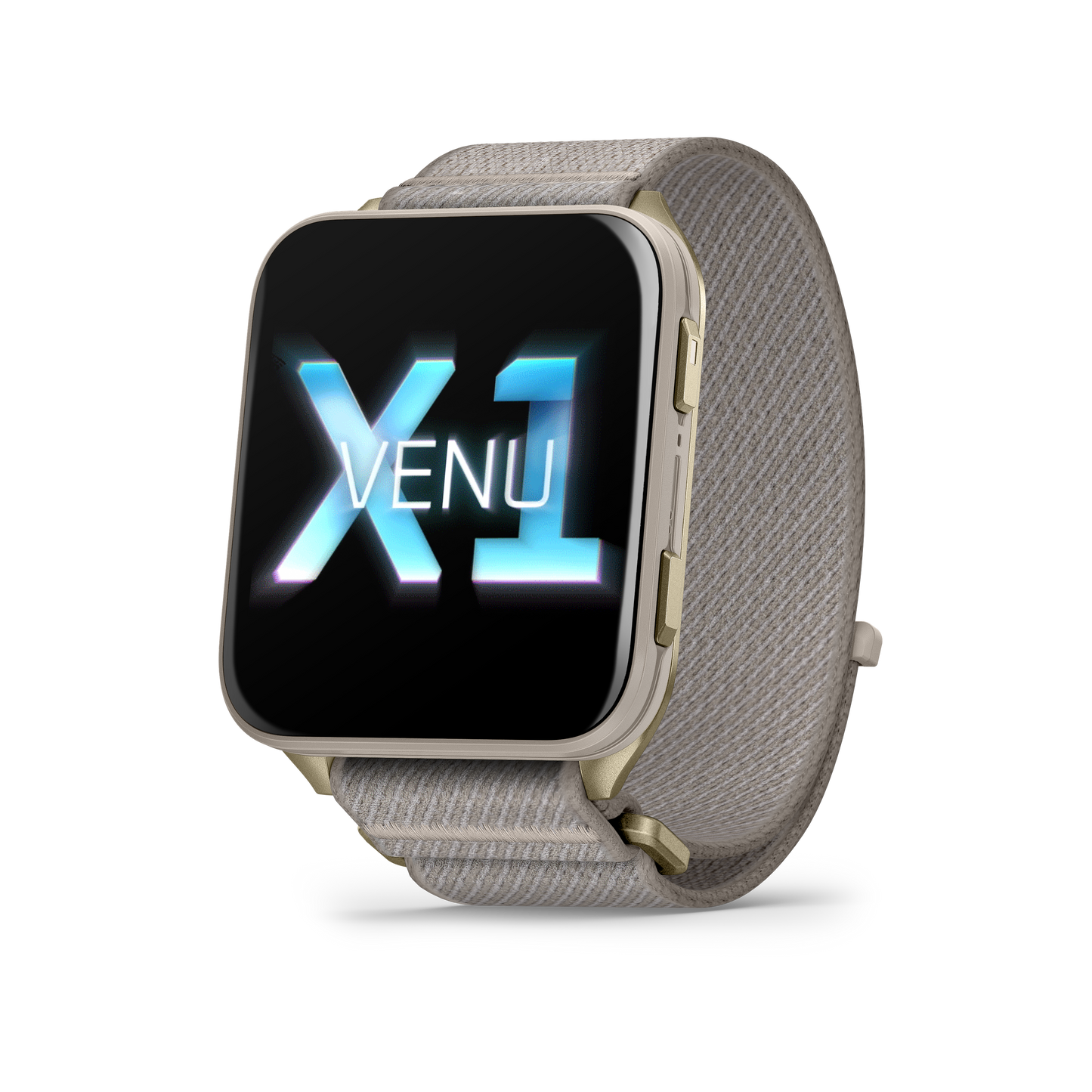 Garmin Venu X1 smartwatch with soft gold case and French gray nylon band