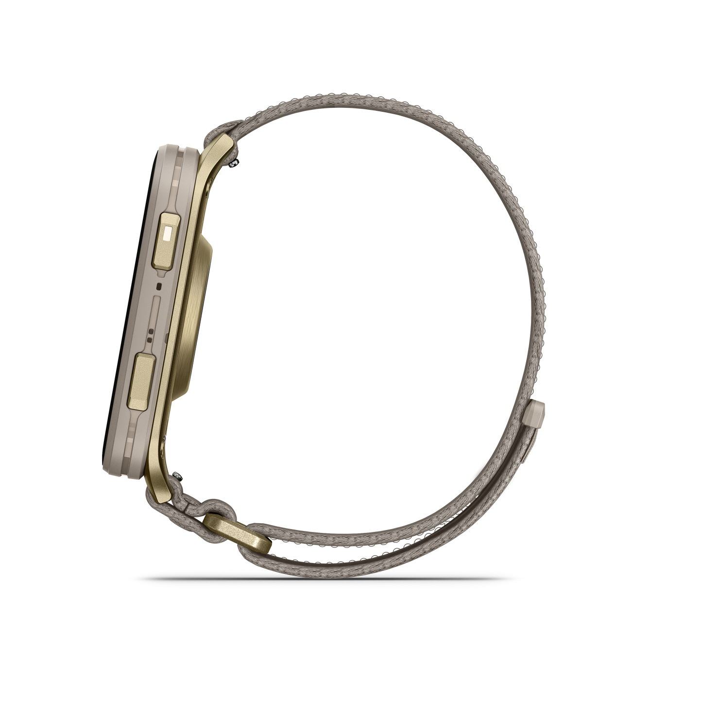 Garmin Venu X1 smart watch in soft gold with titanium caseback and French gray nylon band