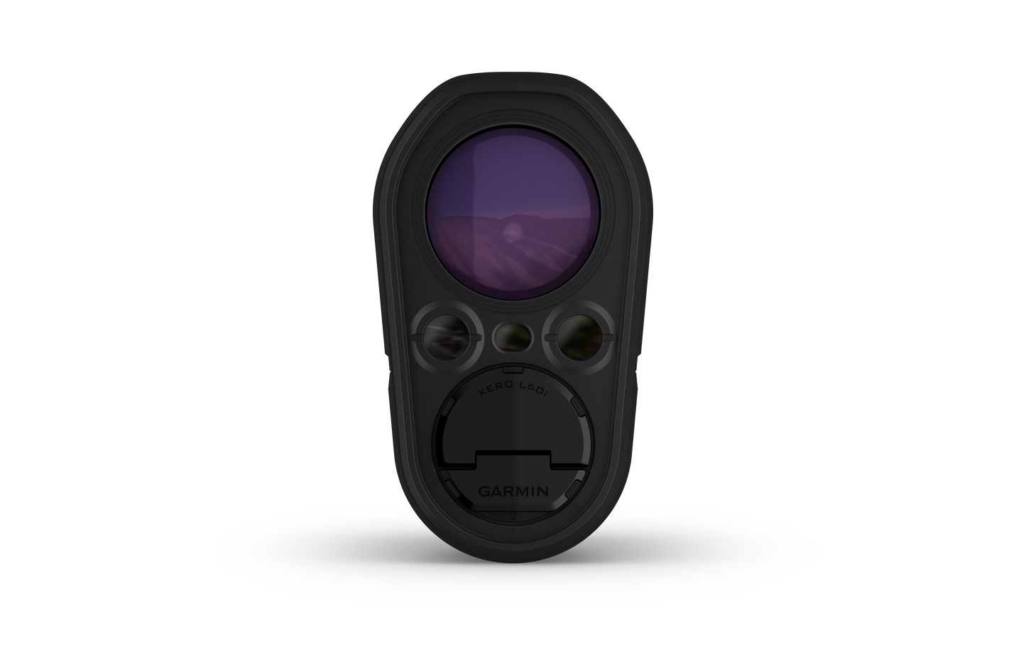 Garmin Xero L60i laser rangefinder in black with purple-tinted lens and Garmin logo.