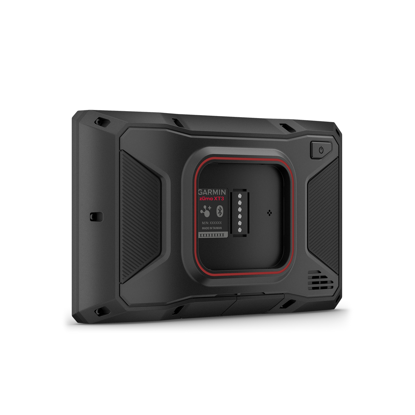 Garmin Zumo XT3 rugged motorcycle GPS navigator back view with red trim.