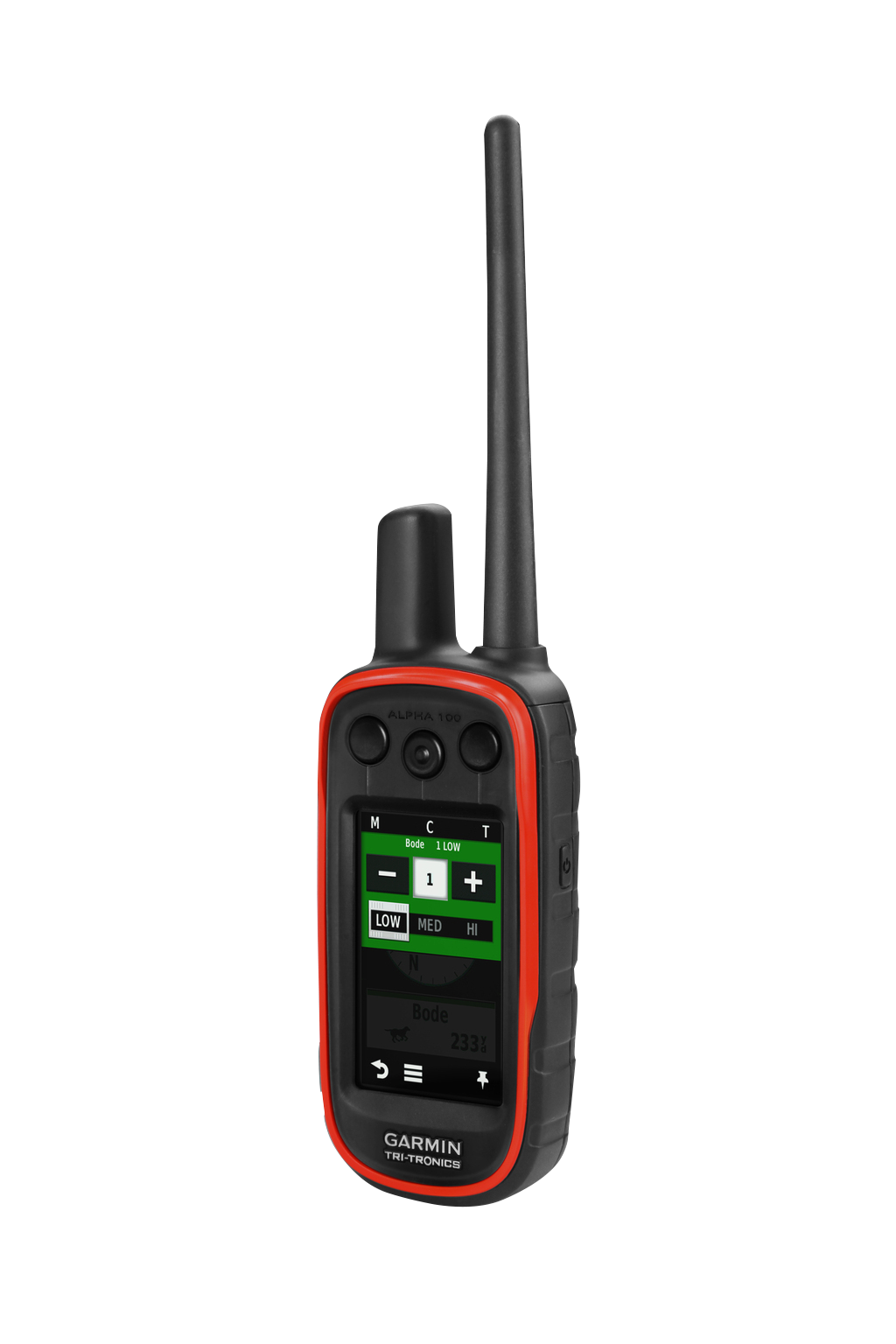 Garmin Alpha 100 handheld dog-tracking device with red bezel