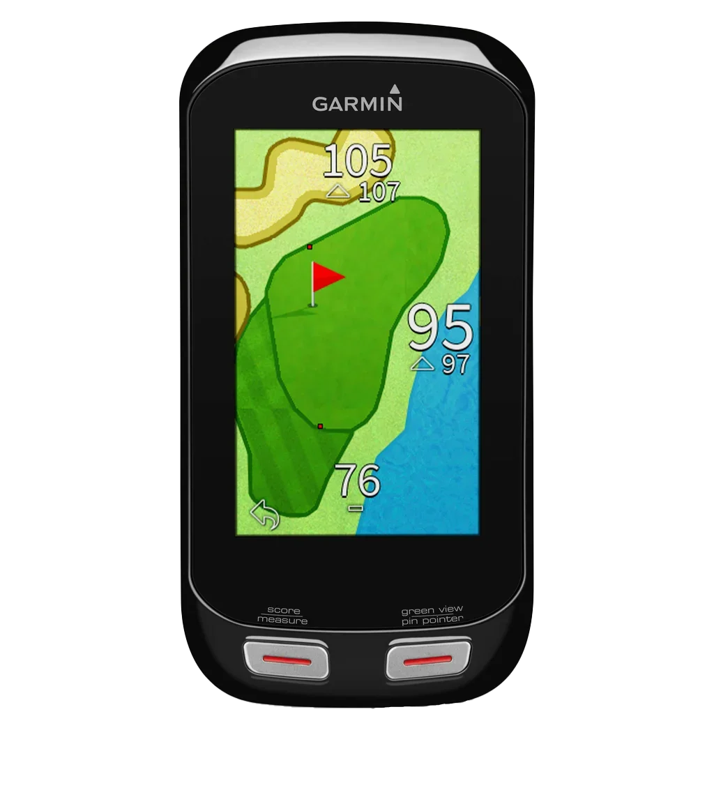 Garmin Approach G8 golf GPS device with built-in rangefinder; black handheld with color map display