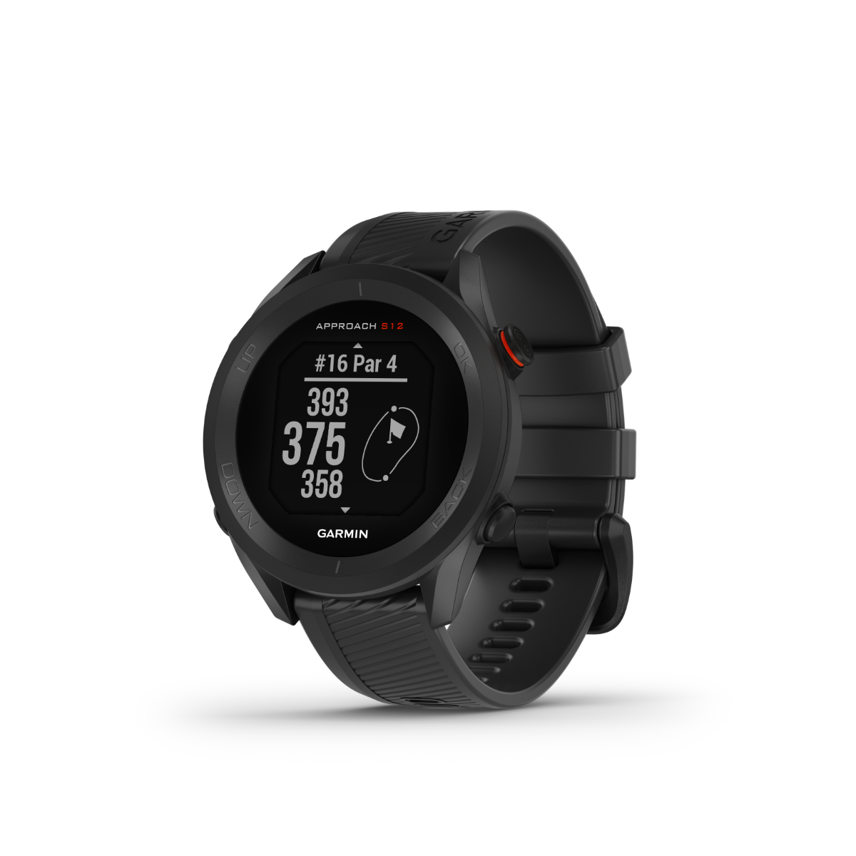 Garmin Approach S12 golf GPS smartwatch in black with silicone strap