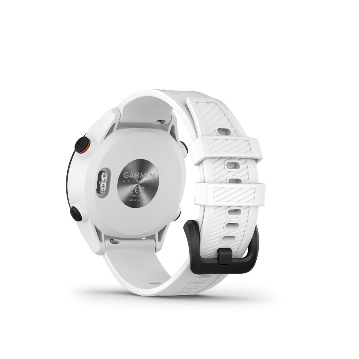 Garmin Approach S12 white golf GPS smartwatch with white strap, rear view.