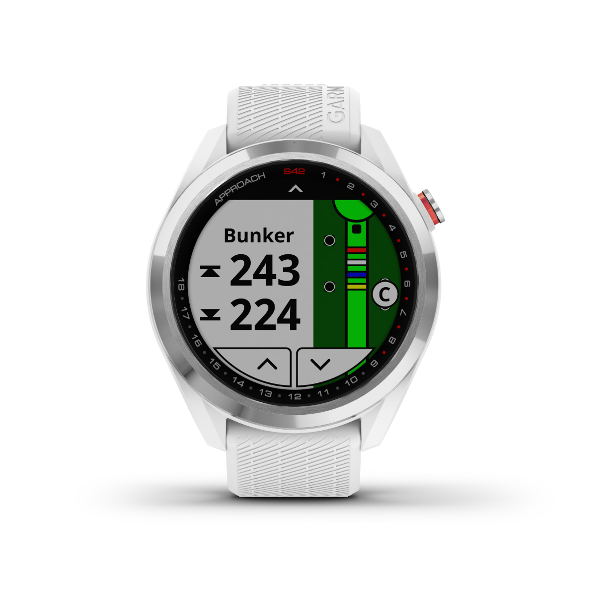 Garmin Approach S42 golf GPS smartwatch with silver case and white band