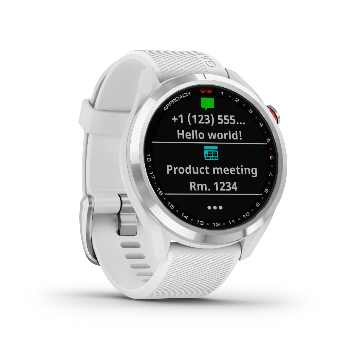 Garmin Approach S42 golf GPS smartwatch with silver bezel and white band