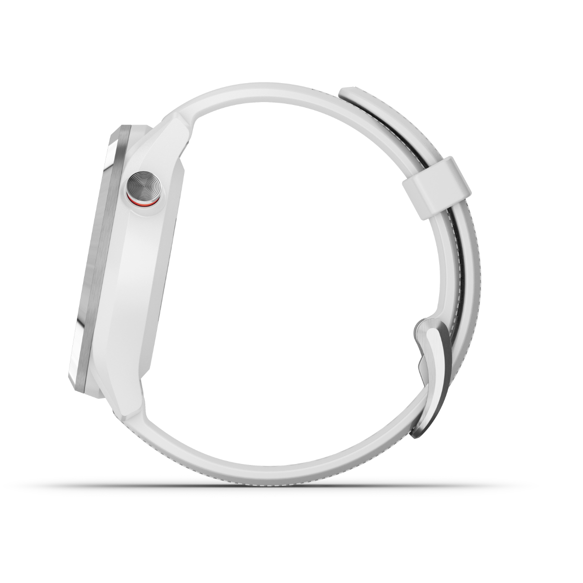 Garmin Approach S42 golf GPS smartwatch, silver case with white band.