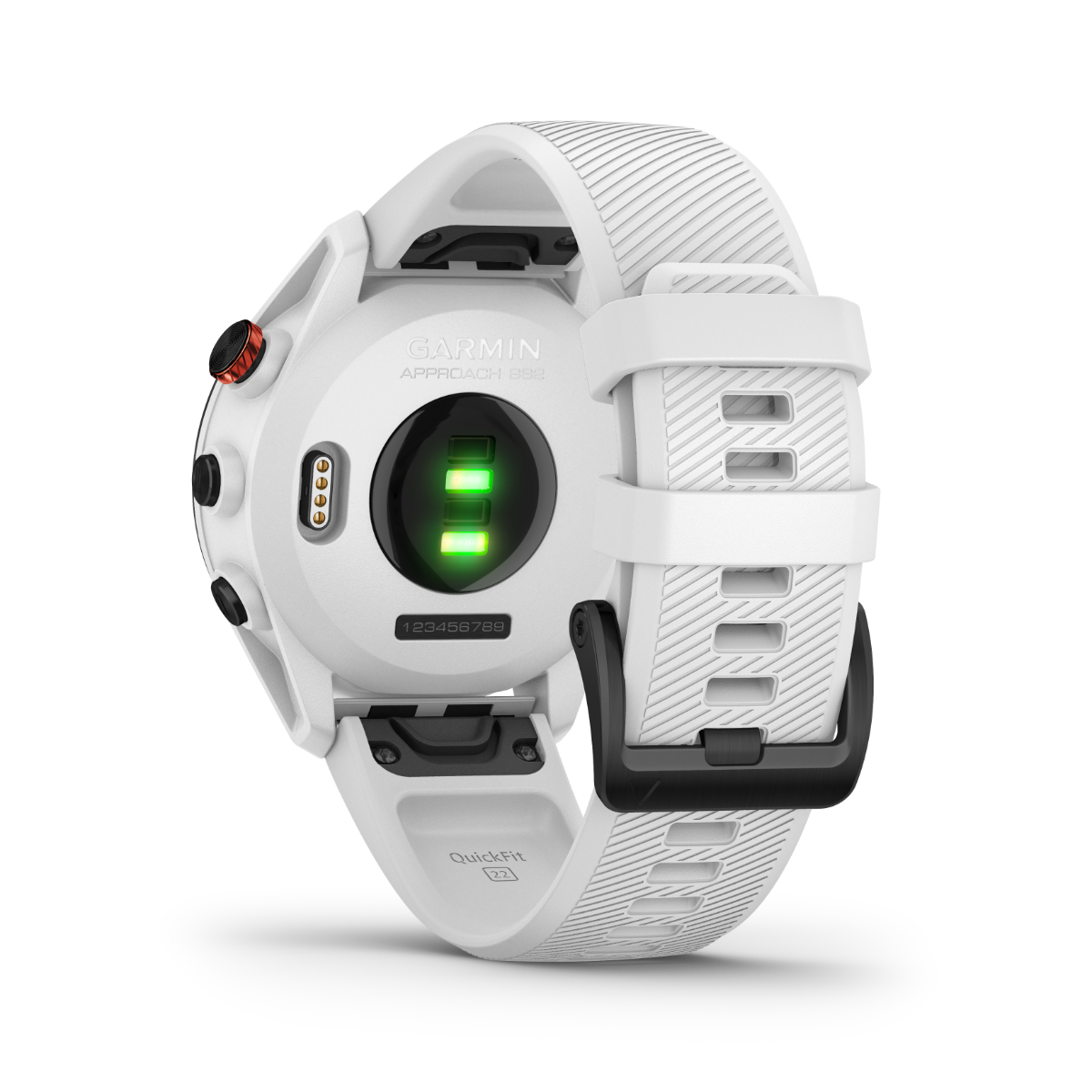 Garmin Approach S62 white golf GPS smartwatch, certified refurbished, back view.