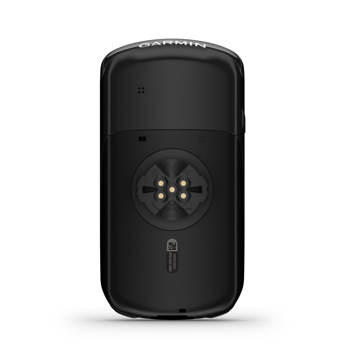 Garmin Edge 1030 Plus bike computer back view with round mount on black body