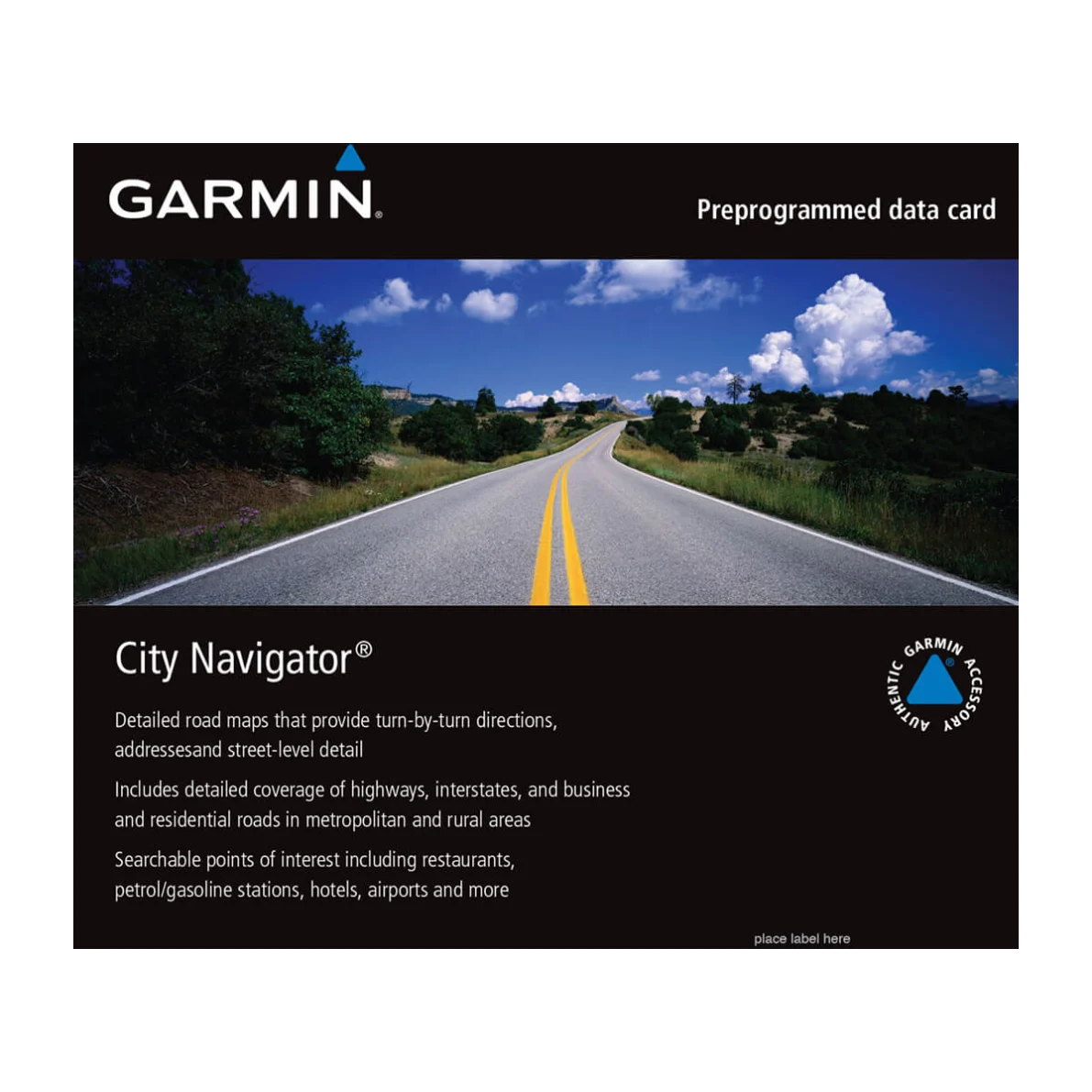 Garmin City Navigator North America map card in microSD/SD packaging featuring a road scene