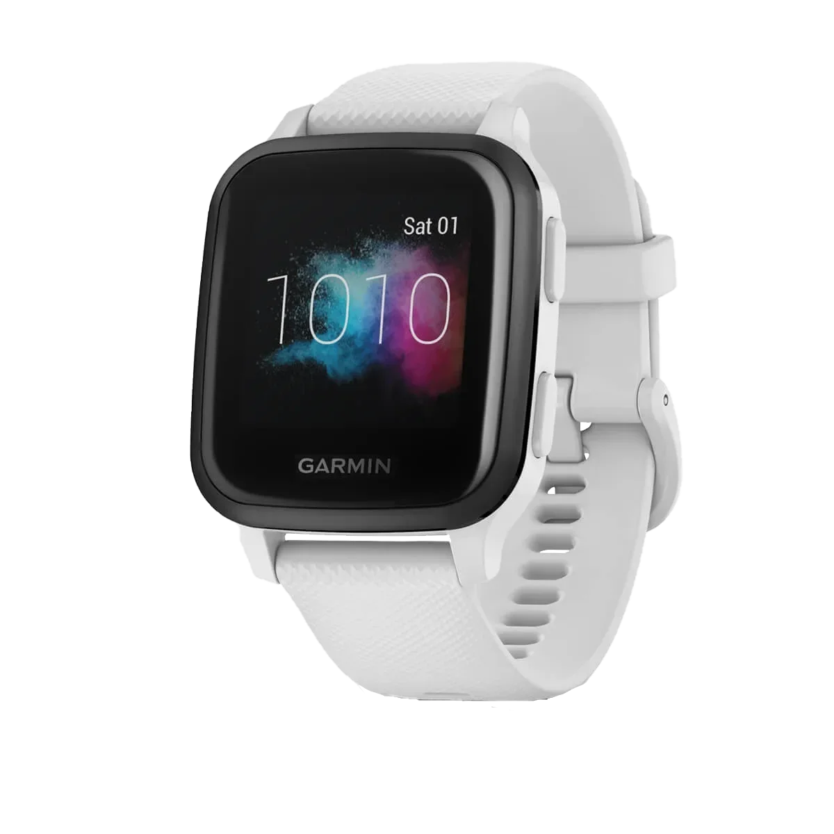 Garmin Venu Sq Music GPS smartwatch with slate aluminum bezel and white silicone band