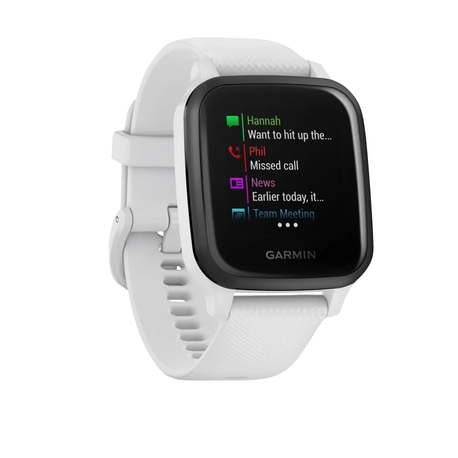 Garmin Venu Sq Music smartwatch, slate bezel with white band, refurbished