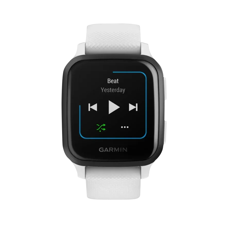 Garmin Venu Sq Music GPS smartwatch with slate bezel and white band, certified refurbished