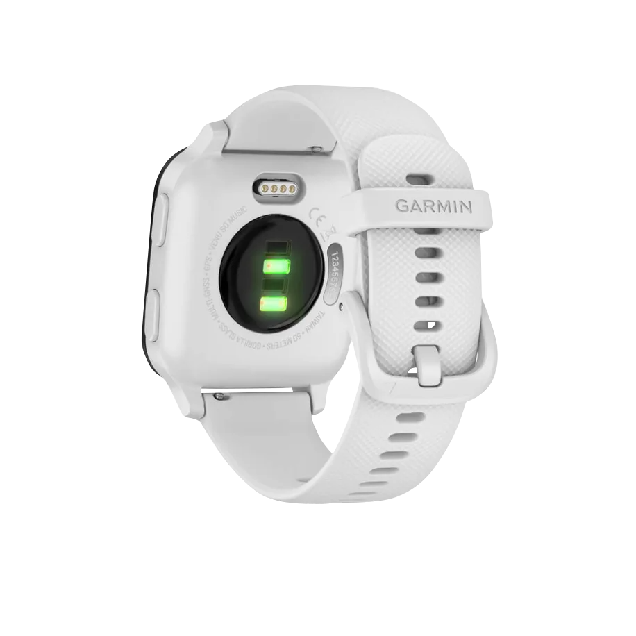 Garmin Venu Sq Music smartwatch with white band and slate bezel, Garmin Certified Refurbished