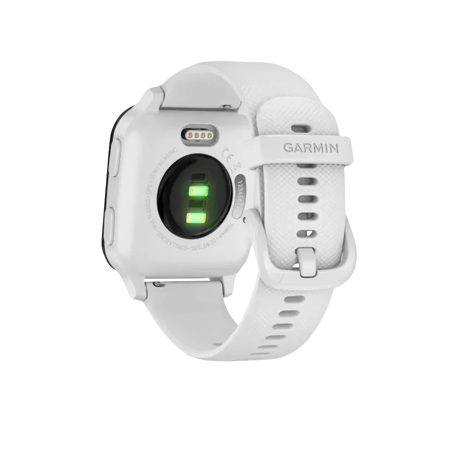Garmin Venu Sq Music smartwatch with white band and slate bezel, Garmin Certified Refurbished