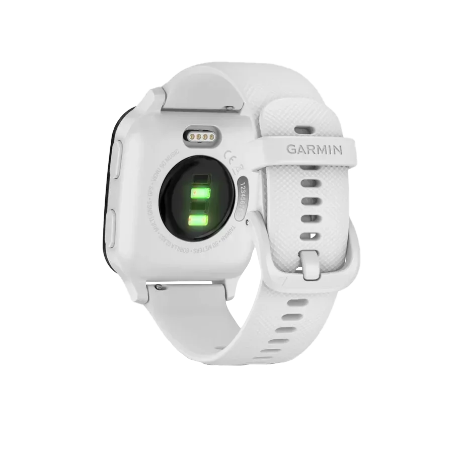 Garmin Venu Sq Music GPS smartwatch with slate aluminum bezel, white case and silicone band