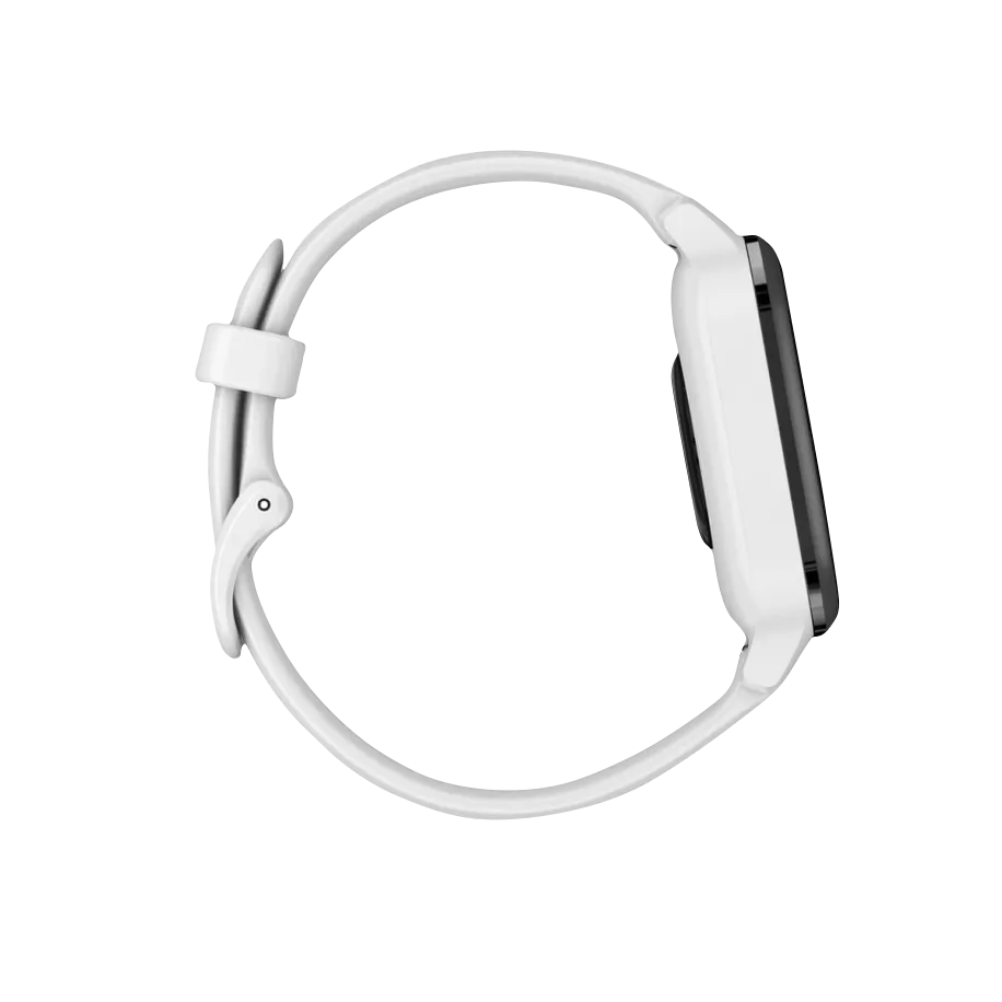 Garmin Venu Sq Music GPS smartwatch with slate bezel and white band, Garmin Certified Refurbished