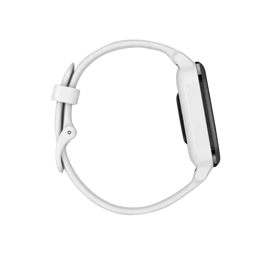 Garmin Venu Sq Music GPS smartwatch with slate bezel and white band, Garmin Certified Refurbished