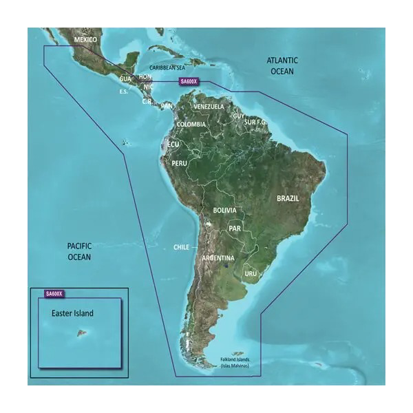 Garmin South America Coastal BlueChart g3 map card on microSD/SD, showing the South American coastline with Easter Island inset