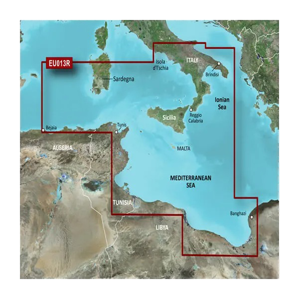 Garmin BlueChart g3 map card for Italy Southwest and Tunisia on microSD/SD, featuring red coverage boundary.