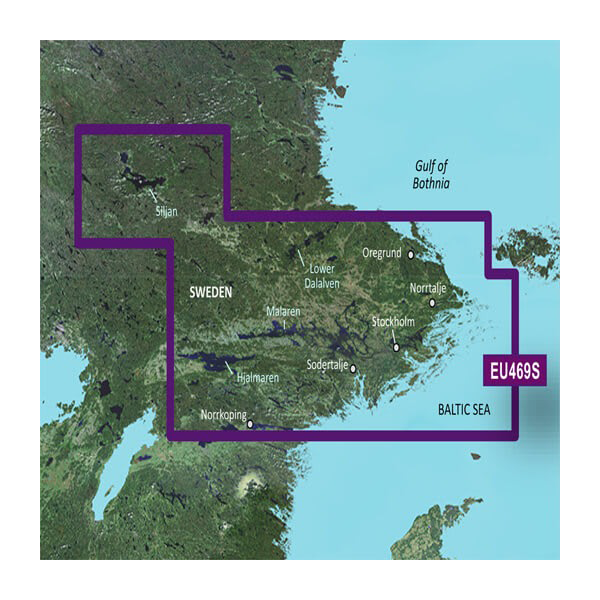 Garmin BlueChart g3 Vision map card for Sweden with purple outlined Stockholm and Mälaren region EU469S microSD/SD