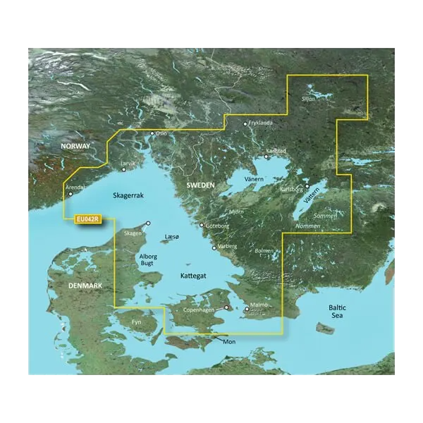 Garmin map card for Oslo–Trelleborg BlueChart g3 Vision with yellow boundary outline, VEU042R microSD/SD